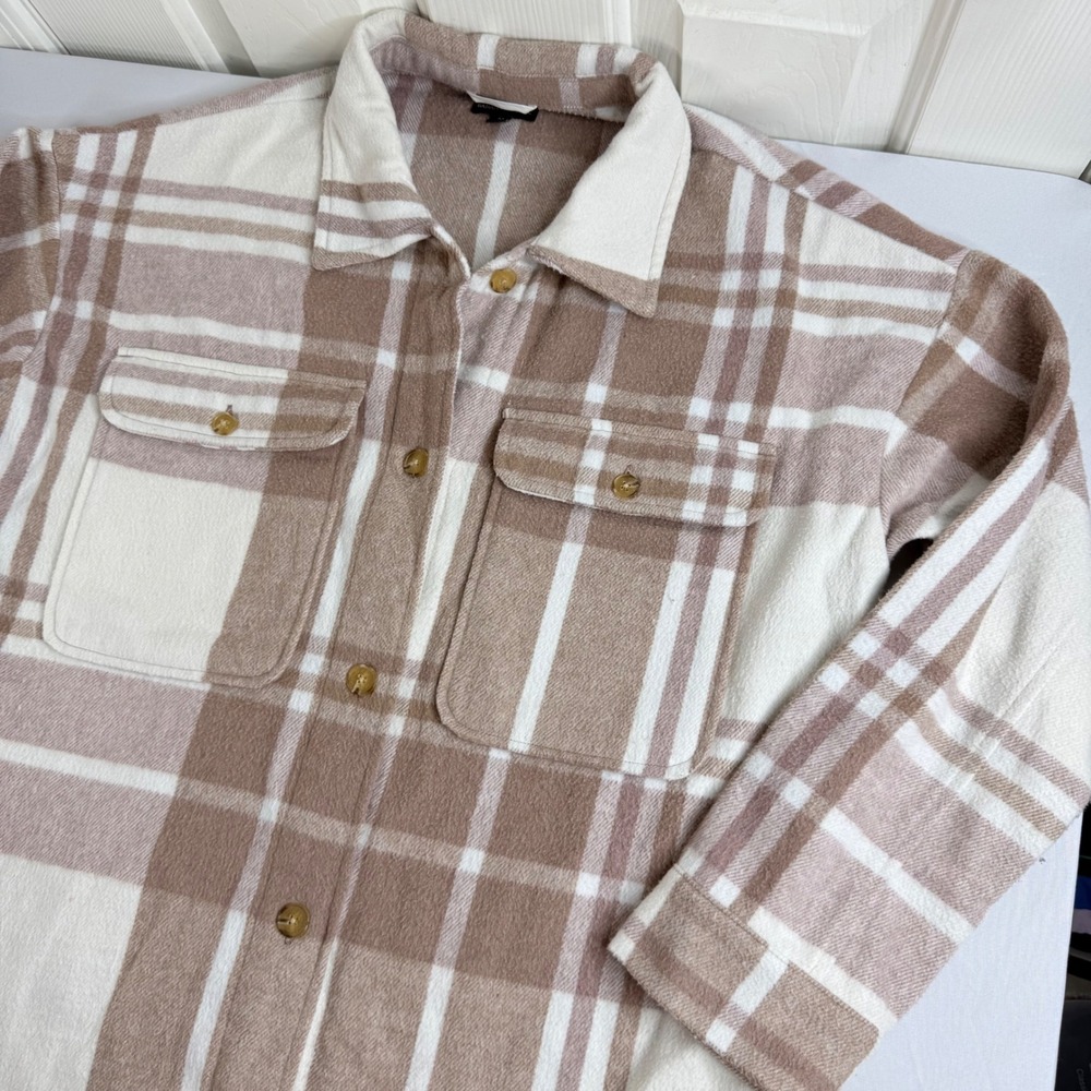 Banana Republic Tan Cream Plaid Oversized Flannel Shirt Jacket Shacket Mens M - Picture 1 of 11